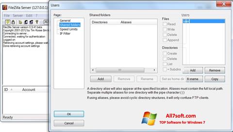 Snimak zaslona FileZilla Server Windows 7