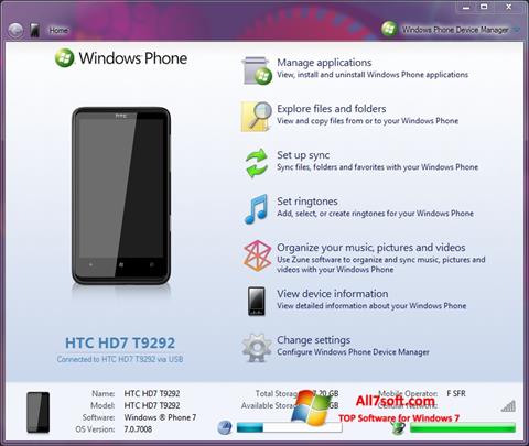 Snimak zaslona Windows Phone Device Manager Windows 7