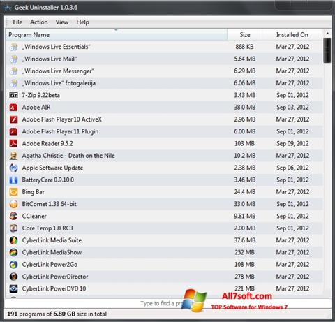 Snimak zaslona Geek Uninstaller Windows 7