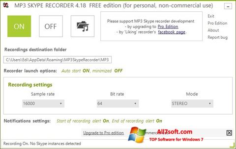Snimak zaslona MP3 Skype Recorder Windows 7