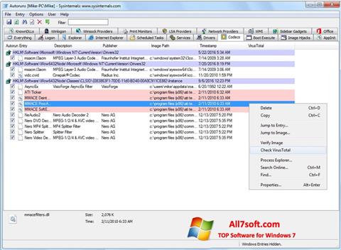 Snimak zaslona AutoRuns Windows 7