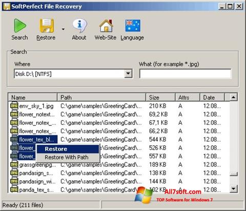 Snimak zaslona SoftPerfect File Recovery Windows 7