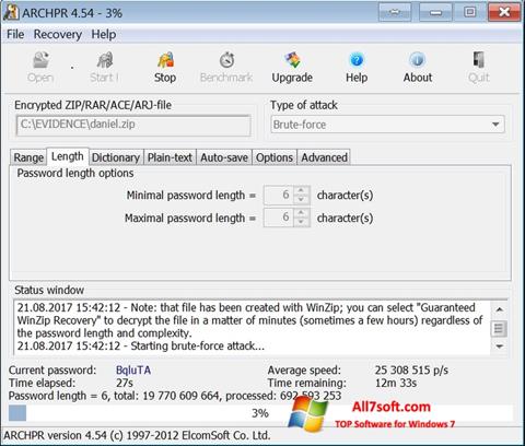 Snimak zaslona Advanced Archive Password Recovery Windows 7